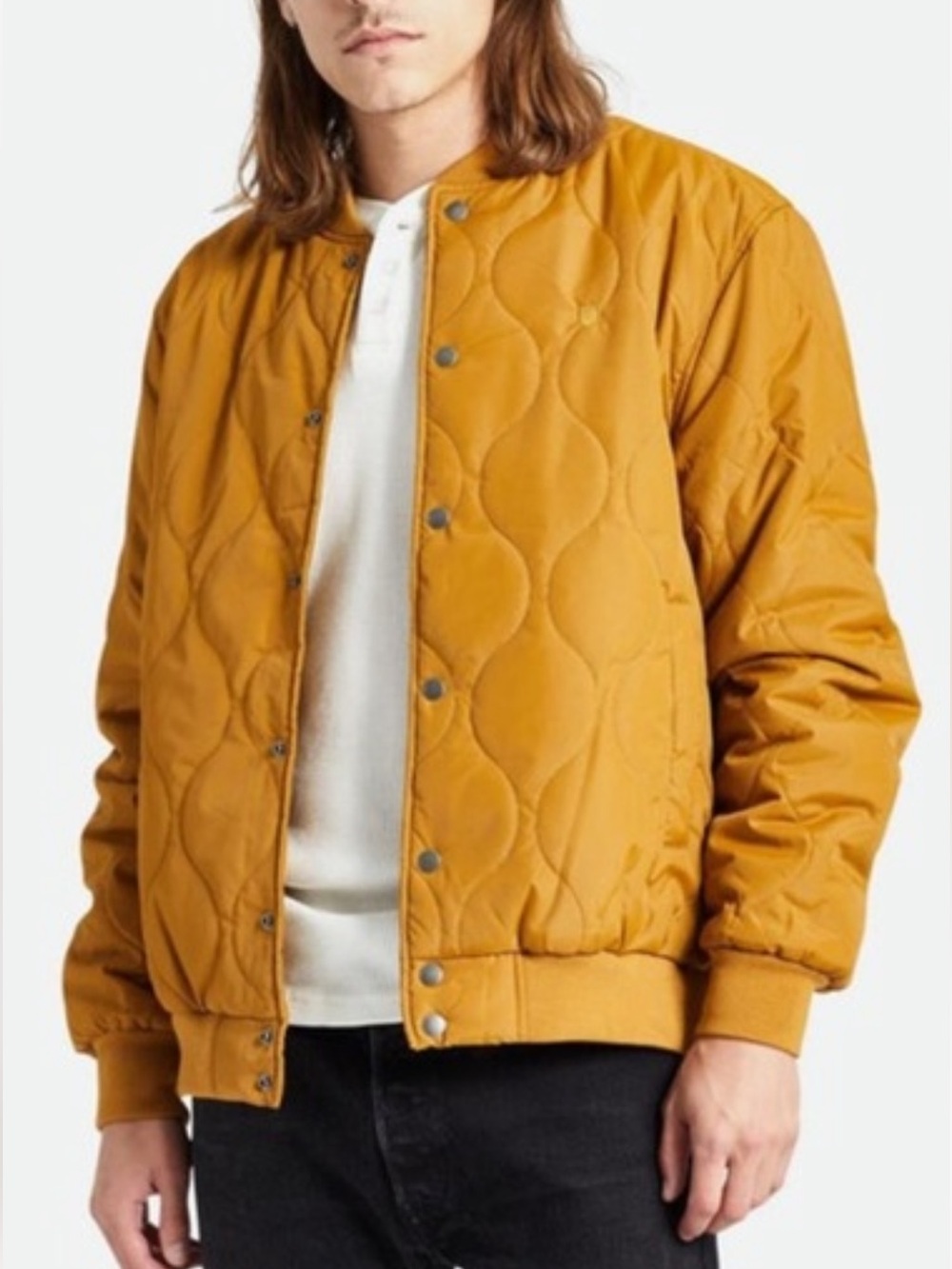 Brixton Quilted Bomber Jacket in Mustard Yellow large Anthropologie